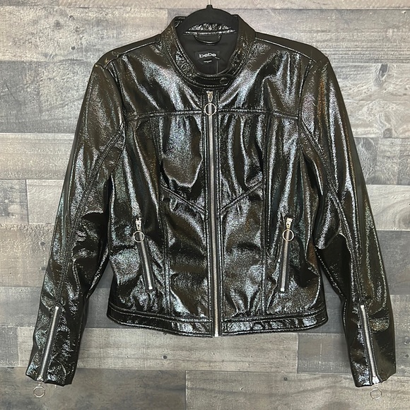New Black Shiny Crinkle Pu Moto Bebe Jacket